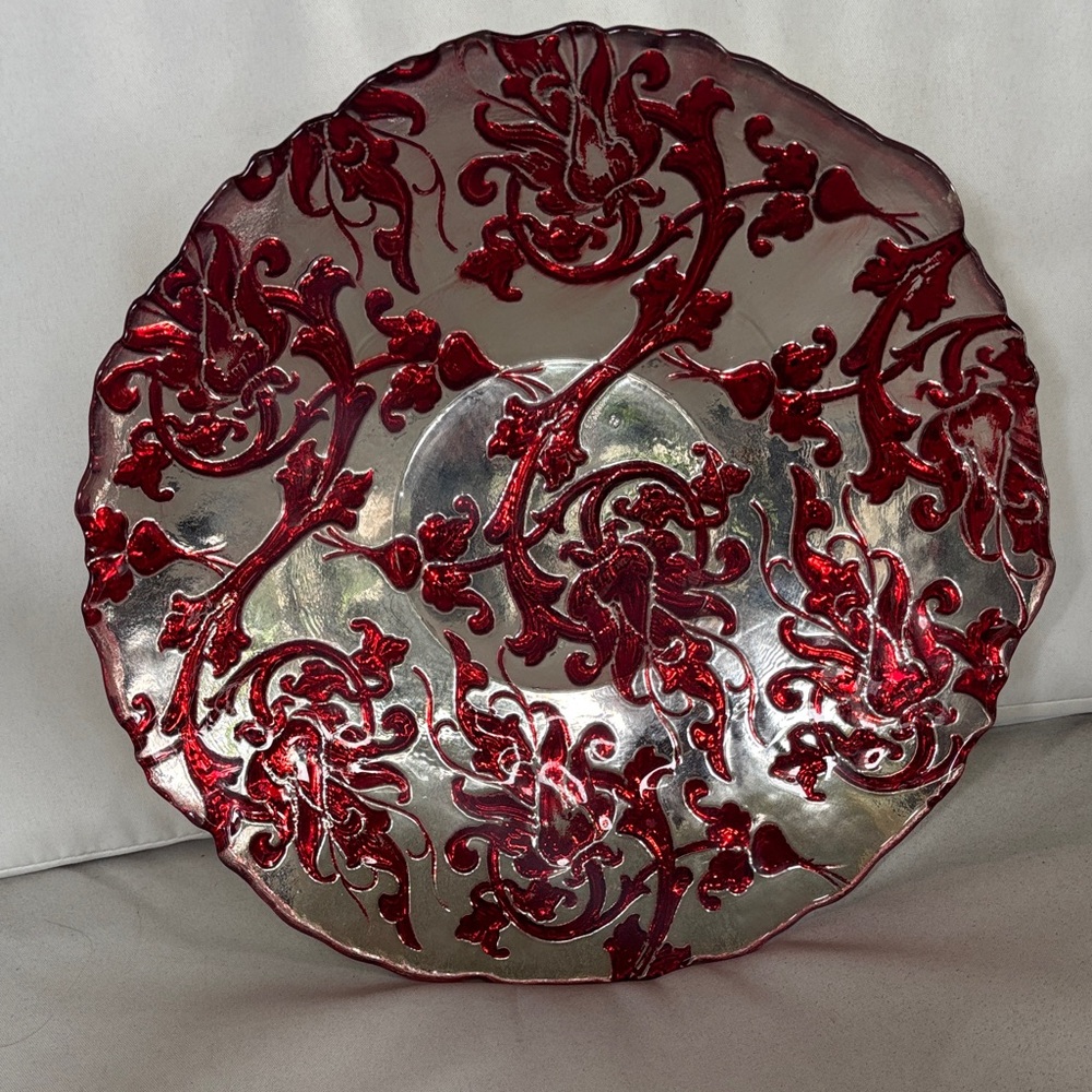 Elegant Red Pomegranate Silver Danmask Canape' Decorative Plate